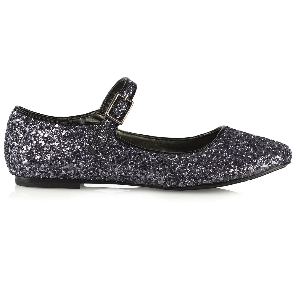 Amanda Buckle Up Strappy Ballerina Pump Flat Bridal Shoes In Silver Glitter