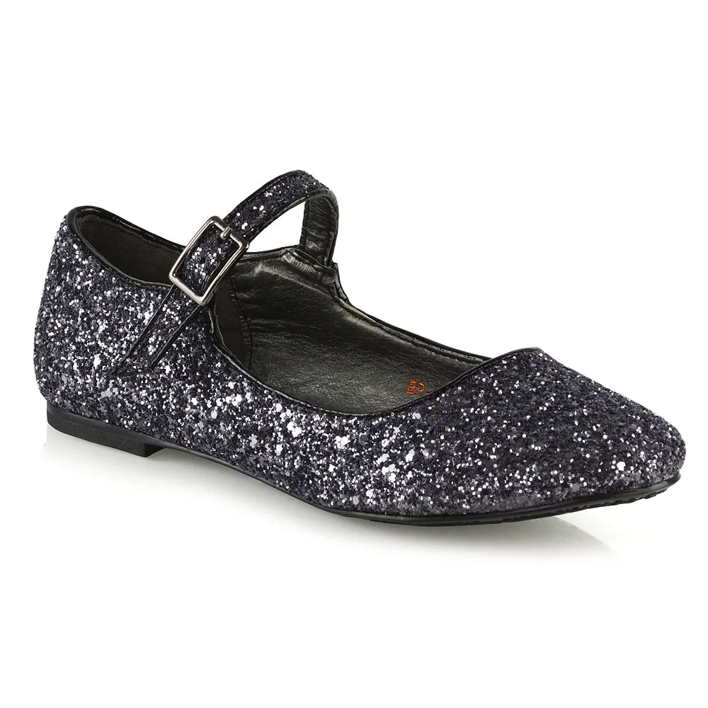 Amanda Buckle Up Strappy Ballerina Pump Flat Bridal Shoes In Silver Glitter