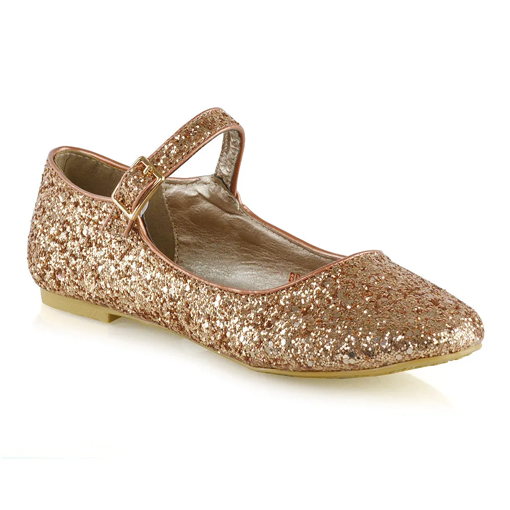 Amanda Buckle Up Strappy Ballerina Pump Flat Bridal Shoes In Silver Glitter