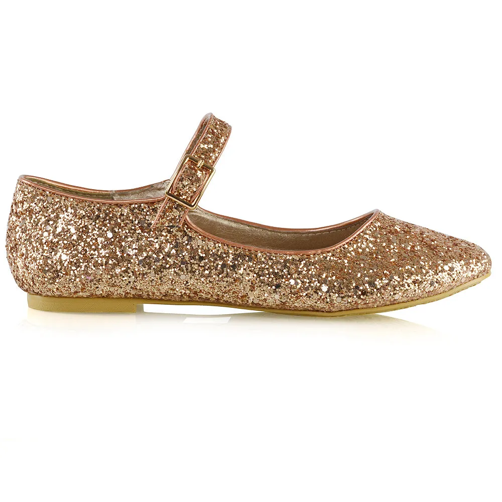 Amanda Buckle Up Strappy Ballerina Pump Flat Bridal Shoes In Silver Glitter