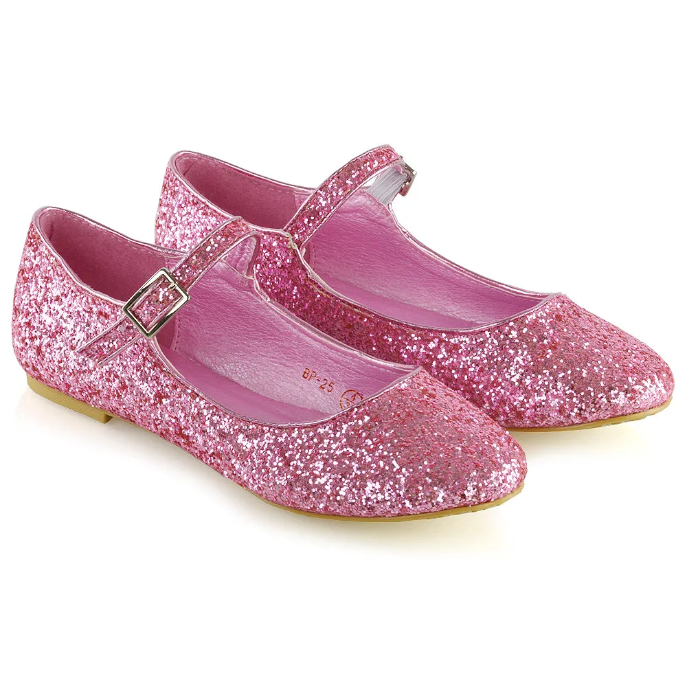 Amanda Buckle Up Strappy Ballerina Pump Flat Bridal Shoes In Silver Glitter