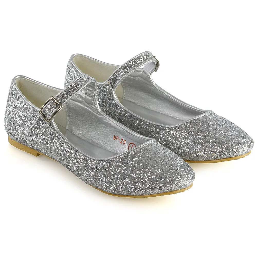 Amanda Buckle Up Strappy Ballerina Pump Flat Bridal Shoes In Silver Glitter