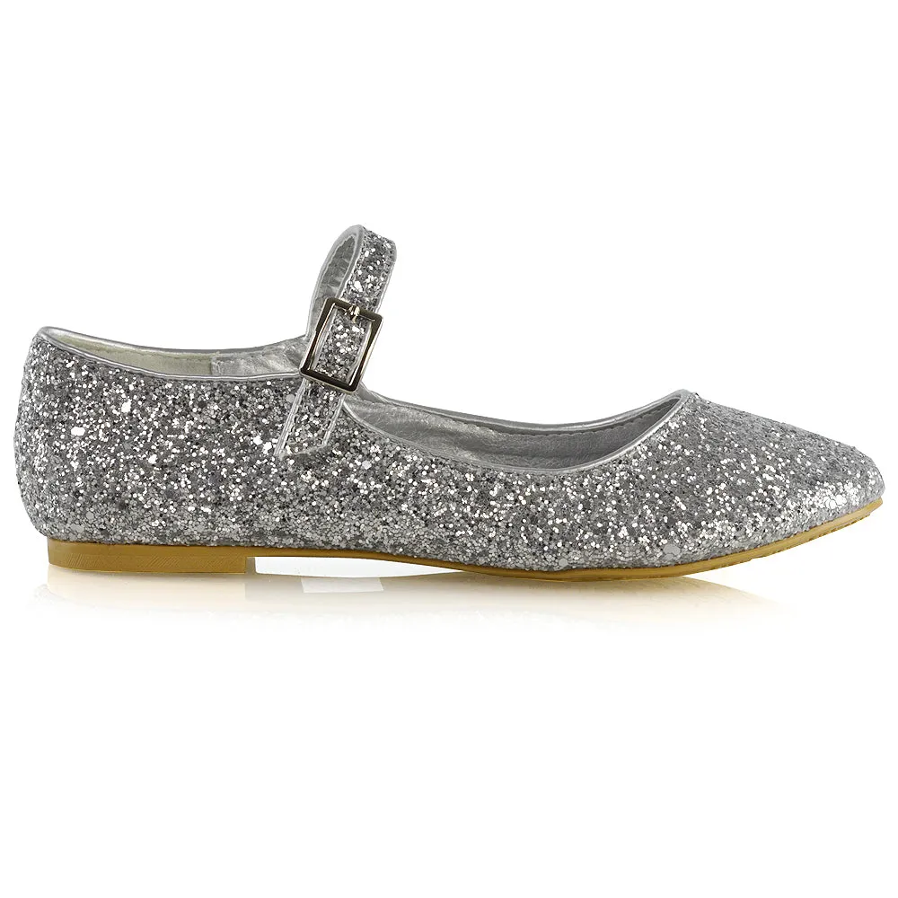 Amanda Buckle Up Strappy Ballerina Pump Flat Bridal Shoes In Silver Glitter