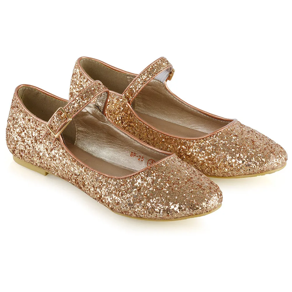 Amanda Buckle Up Strappy Ballerina Pump Flat Bridal Shoes In Silver Glitter