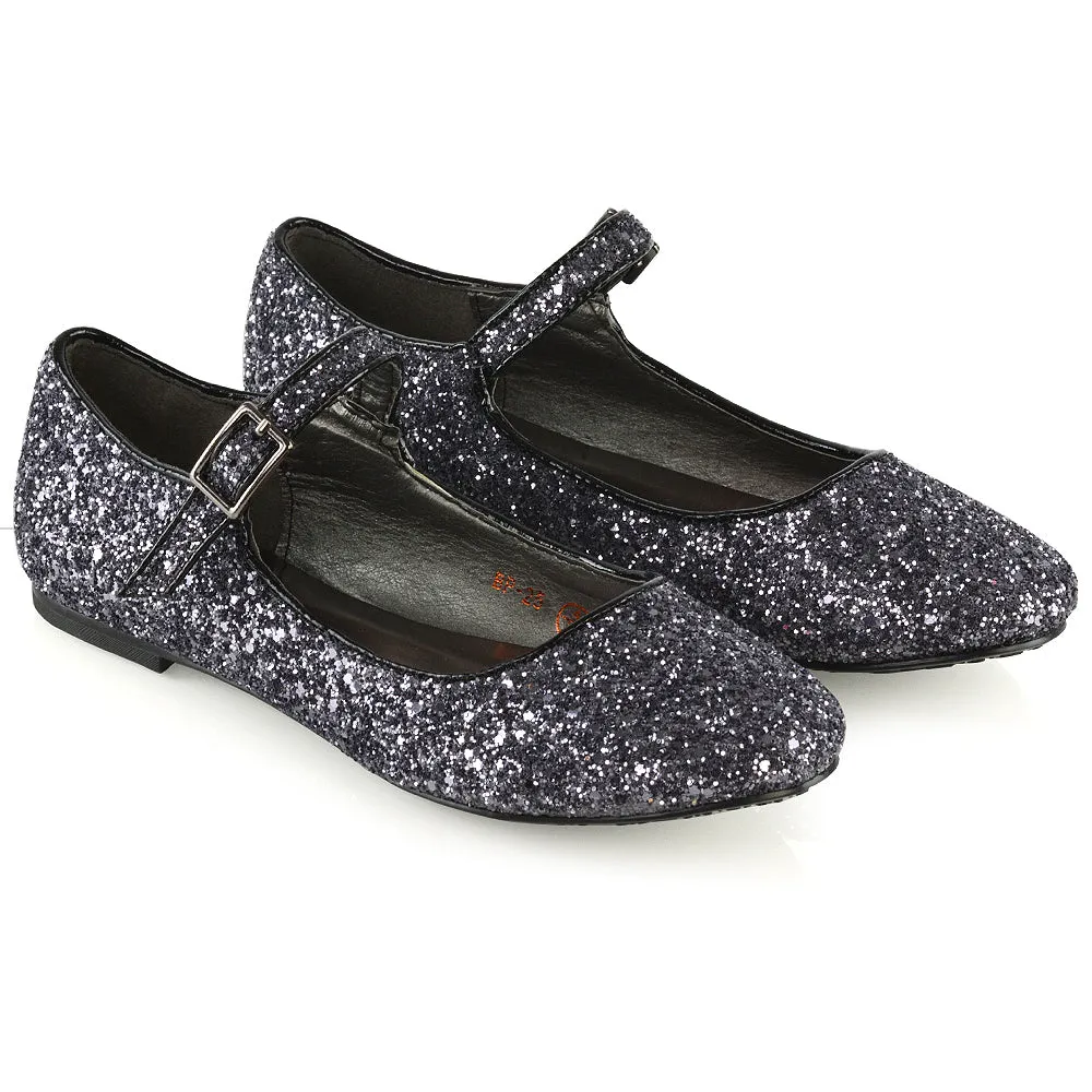 Amanda Buckle Up Strappy Ballerina Pump Flat Bridal Shoes In Silver Glitter