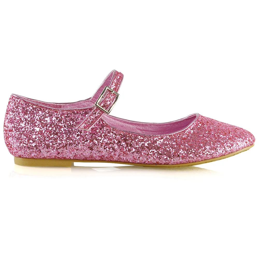 Amanda Buckle Up Strappy Ballerina Pump Flat Bridal Shoes In Silver Glitter