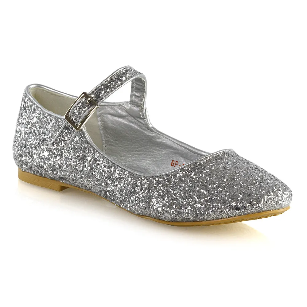 Amanda Buckle Up Strappy Ballerina Pump Flat Bridal Shoes In Silver Glitter