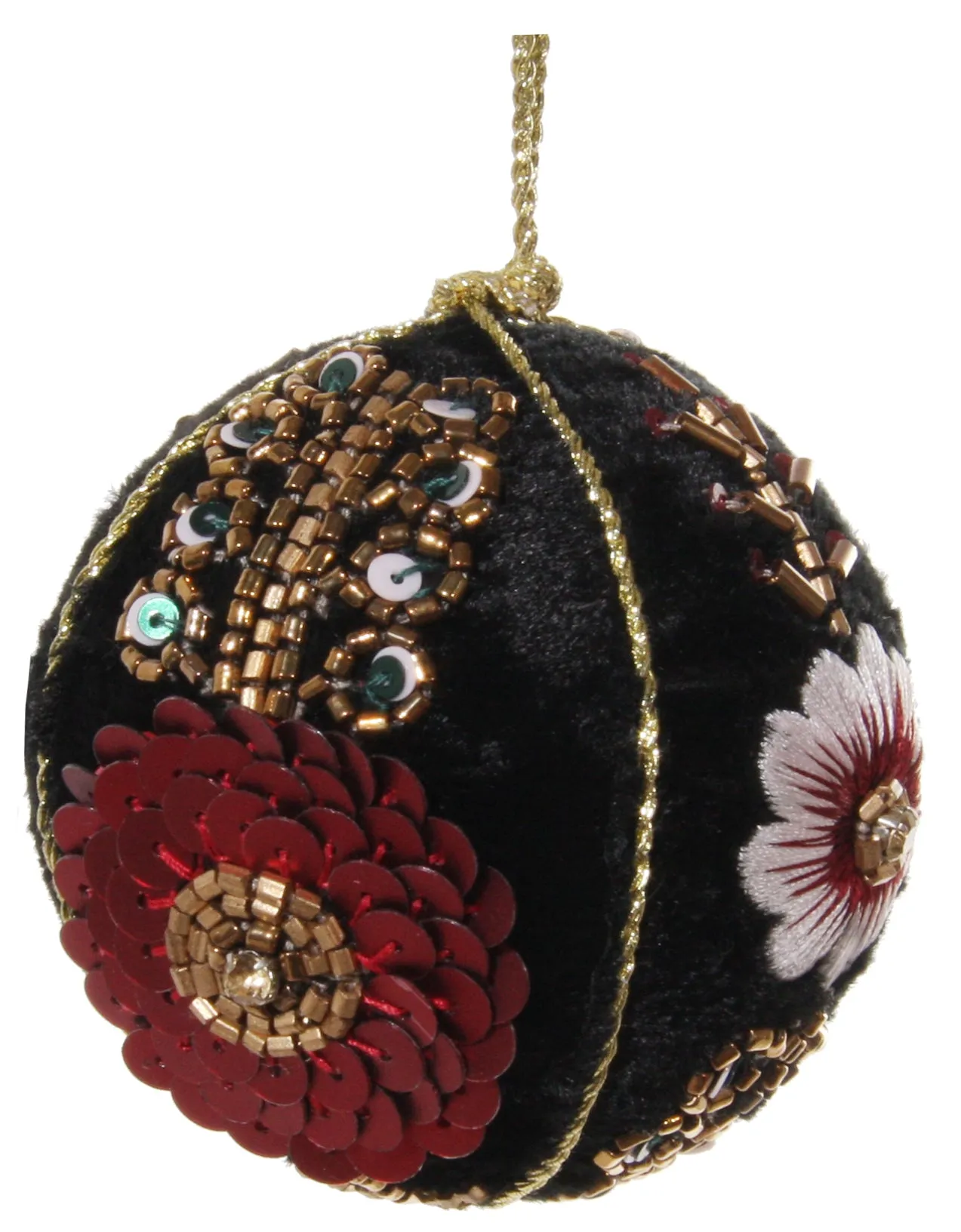 Black Velvet Ball Ornament with Beaded and Embroidered Flowers