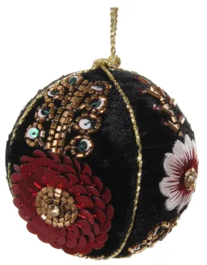 Black Velvet Ball Ornament with Beaded and Embroidered Flowers