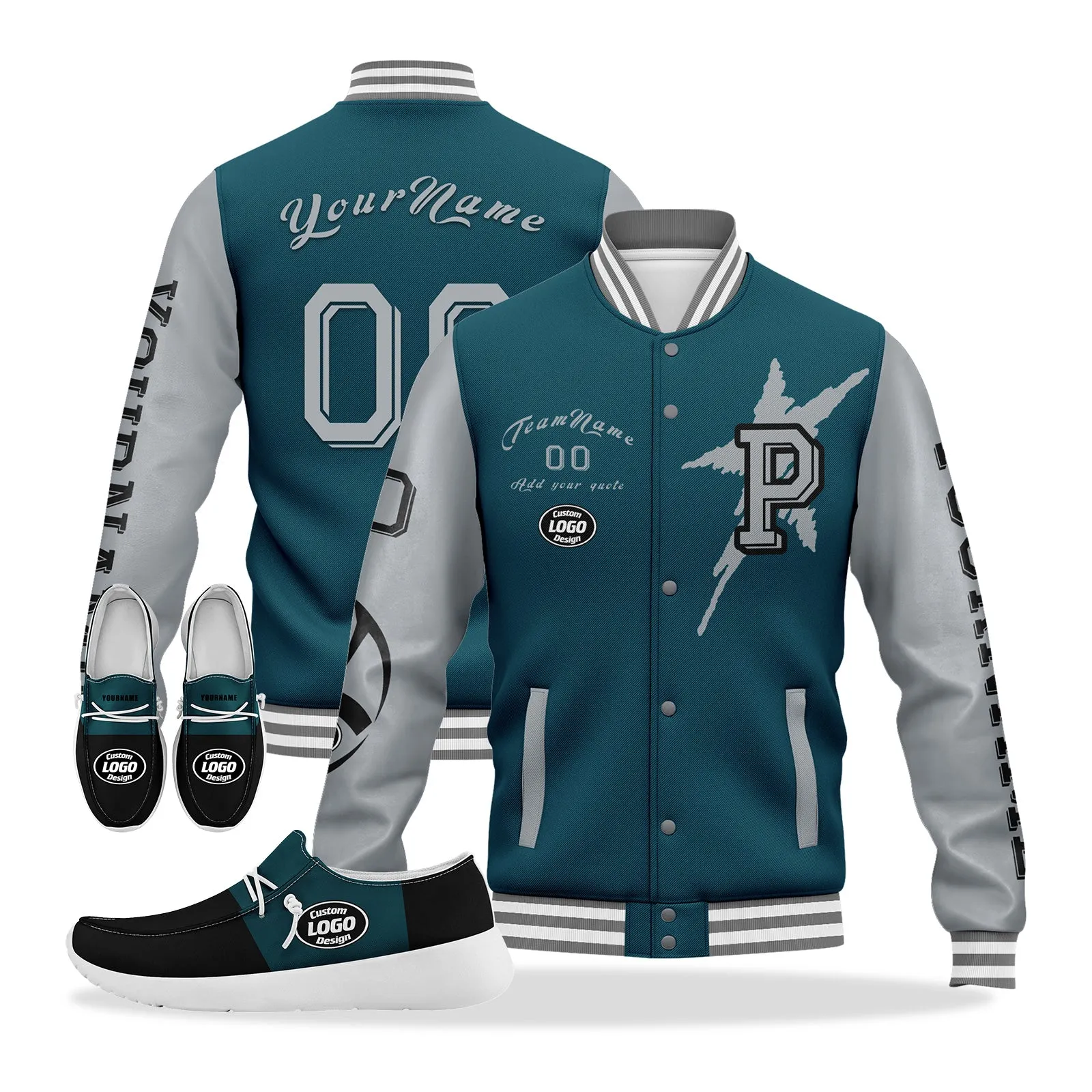 Gift Ideas,Custom Green Gray Black Philadelphia Jacket and Sports Shoes Combo Offer Personalized Combo ZH-D020294-23