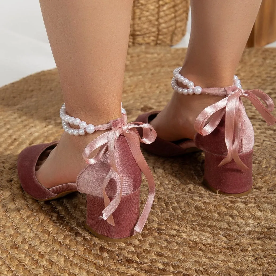 Miranda Vegan Velvet & Pearl Block Heel Sandals | Rose