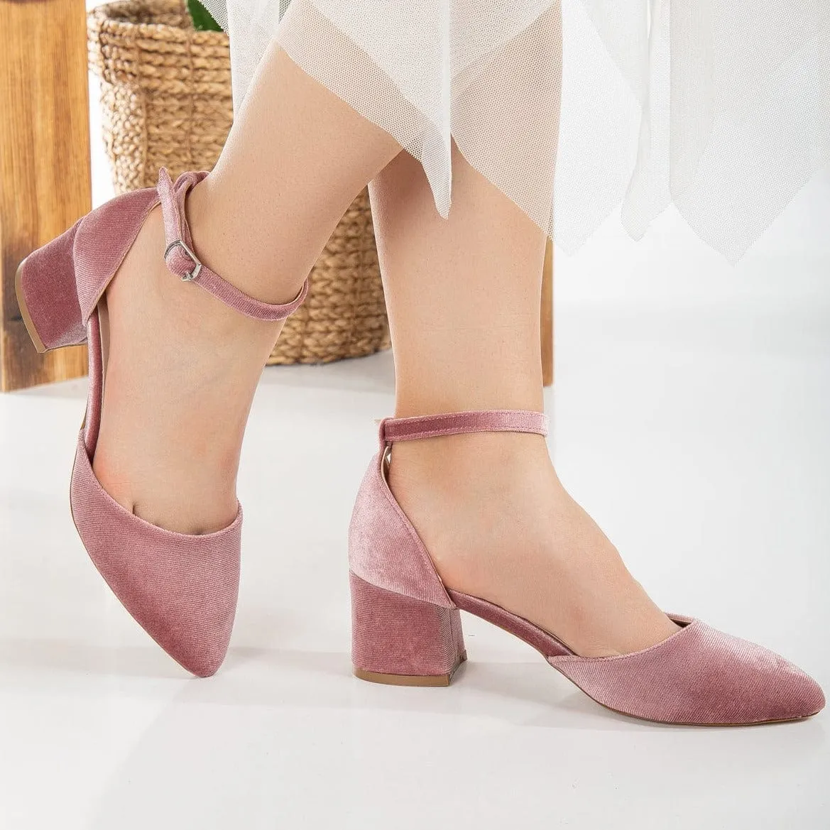 Miranda Vegan Velvet & Pearl Block Heel Sandals | Rose