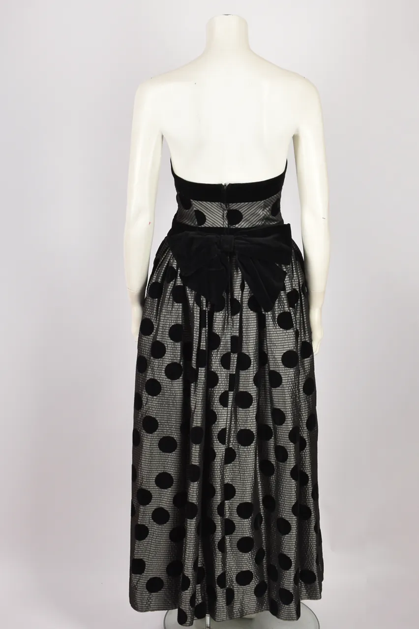 VELVET POLKA DOT APPLIQUÉ STRAPLESS GOWN