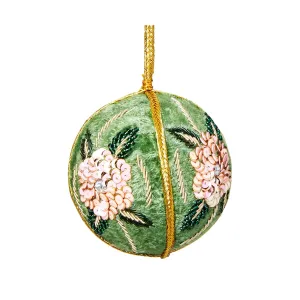 Vixen & Velvet Flower Bauble Velvet Green & Pink 8cm